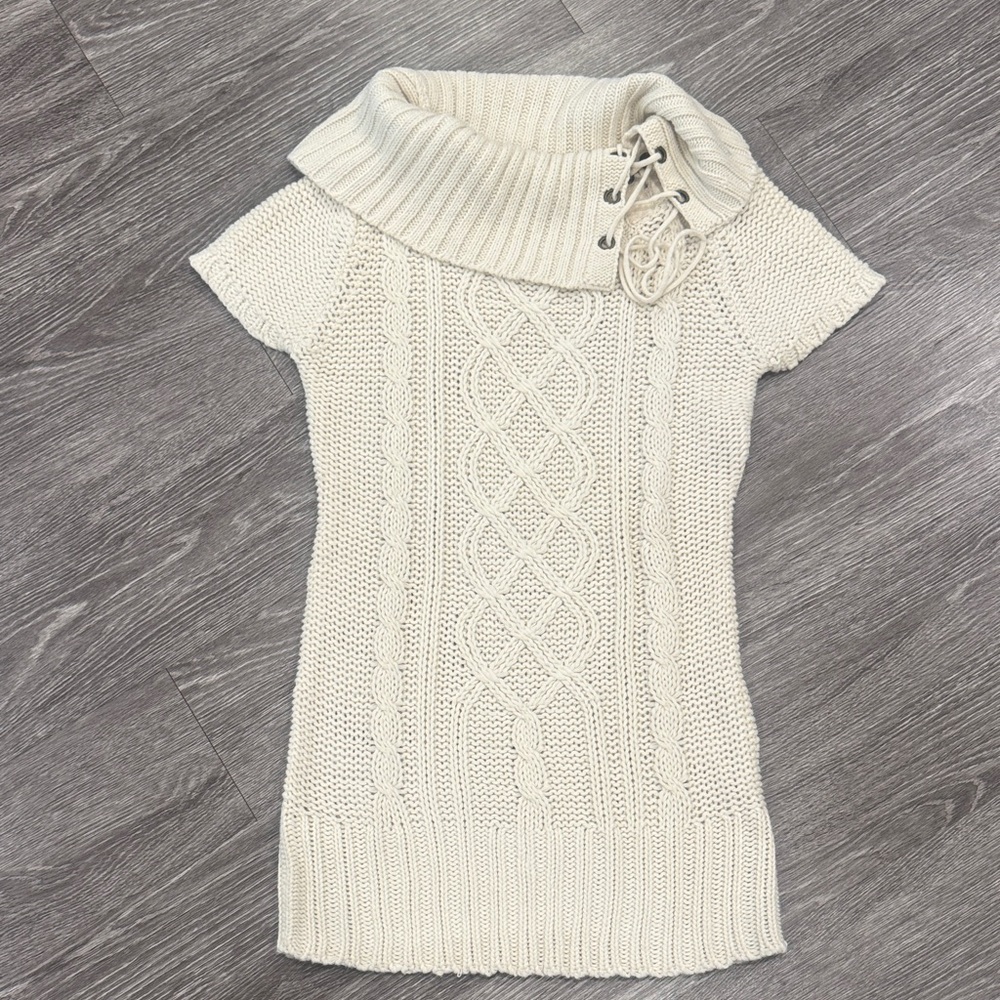 Cream Cable Knit Short-Sleeve Cowl Sweater with Lace-Up Neck